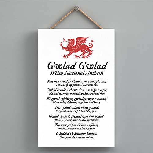 Global Designs Welsh National Anthem Welsh Dragon Sign Decorative Hanging Wooden Plaque, White Grain With Uv Print