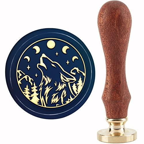 craspire Loup Sceau de Cire Timbre Phase de Lune Timbre de Cire à Cacheter 30 mm/1.18 Pouces Tête en Laiton Amovible Timbre D'Étanchéité avec Manche en Bois pour Cartes D'Invitations Papier Cadeau