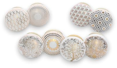 Infinity Decor Set of 8 Ceramic Knobs for Doors, Drawers, Cupboards in Geometric & Nature Designs - White & Gold Color