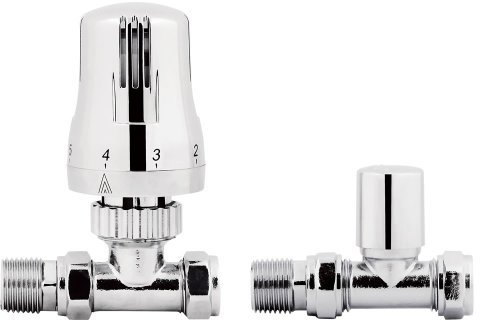 iBathUK Eco Thermostatic Radiator Valve (TRV) and Lockshield Valve,Solid Brass,Straight Round Radiator Valve Pair, Central Heating, Tower Rail Valve- Chrome