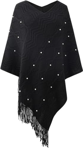 Rayson Poncho Maglione Donna Mantella Scialle Pullover Perle Poncho con Frange Moda Maglia Grossa Poncho Irregular Moda Giovane Top Scialle Cappotto Autunno Inverno