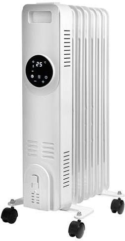 Daewoo Oil Filled Radiator, 1500W, Ideal For Small To Medium Rooms, Enhanced Safety Features, Timer And Adjustable Thermostat, LED Display And Remote Control, Portable With Cord Storage, White