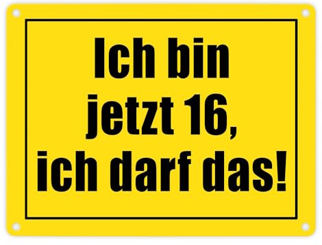 Warnschild Metallschild in 15x20 cm mit Spruch Ich bin jetzt 16 ich darf das ein knalliges Schild für Teenager 16 Jahre lustiges Geburtstag Spruch Blechschild Pubertät Sprüche