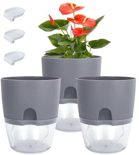 Zhongtou 3er Set Kräutertopf Selbstbewässernd Bblumentopf Kräutertopf Küche Balkon Set Kunststoff Pflanztopf mit Bewässerungssystem für Frische Küchenkräuter Fensterbank Balkon (Grau)