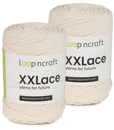 Makramee Garn 2er-Set Perlweiß, Loopncraft, 2 X 4mm - 65m - 250g, Kettengarn, XXLace Garn, Recycling Garn