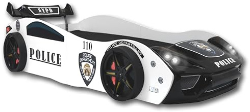Aileenstore Autobett 90x200 Jungen Kinder Kinderbett Police Rennwagenbett inkl. Lattenrost LED-Leuchte Spoiler (Fresh Plus H2 Matratze)