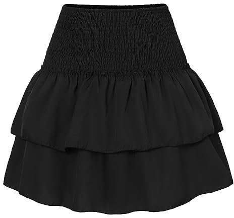 Damen Rüschen Faltenrock Kurzer Mini Rock Hohe Taille Mehrlagige Kurz Röcke Sommer A-Linie Minirock Casual Einfarbig Rock Volant Rock mit Gummibund Strandrock Sport Plisseerock