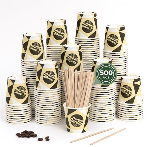 Horeca Collection MAXI PRODUCTS - 500 Unidades Vasos Café Desechables con Paletina - Vasos Cartón 120 cc - Vasos Desechables Catering - Vasos Café para Llevar - APTO BEBIDAS CALIENTES Y FRÍAS