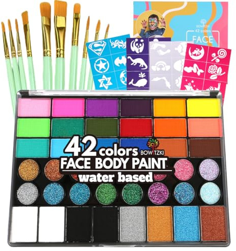 Bowitzki Face Paint Kit,Water Based non tossic Face Paint Palette con 24 colori, 16 glitter, 32 stencil e 10 pennelli, trucco professionale per il viso per feste, Halloween, Carnival, Festival