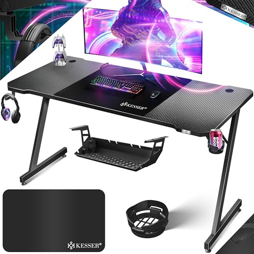 KESSER® Mesa Gaming | 160 x 60 cm | Escritorio para Gamer en Forma de Z | Soporte para Auriculares | Mesa ergonómica para Ordenador | Incl. Alfombrilla de ratón y Soporte