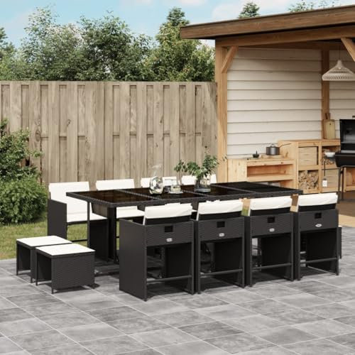 Homgoday 13-TLG. Garten-Essgruppe mit Kissen Sitzgruppe Gartentisch Tisch Esstisch Garten Stühle Gartenmöbel Set Sitzgarnitur Gartengarnitur Gartenset Schwarz Poly Rattan