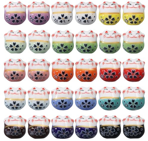 CHGCRAFT 30 Stück 15 Farben Keramik Glückskatze Perle Porzellan Katze Perlen Handgefertigte Porzellanperlen Famille Rose Porzellan Für DIY Halsketten Armbänder Zubehör Gemischte Farbe