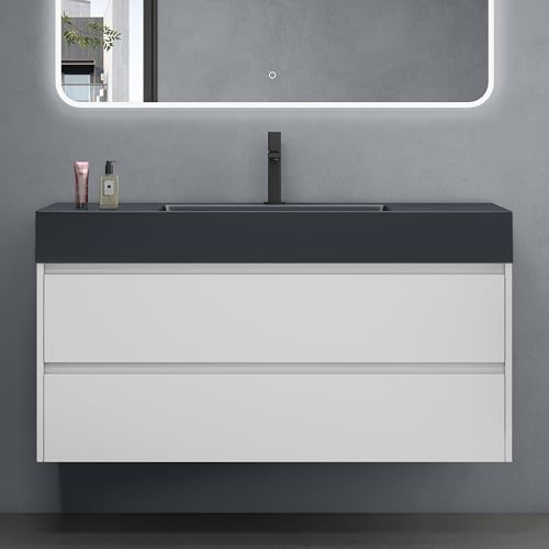 doporro Mobile Bagno Sospeso Mobiletto Sottolavabo da 120 cm Rovere Marrone con Lavabo Integrato | Set Mobile Include Lavandino Antracite in Marmoresina e 2 Cassetti Soft Close Serie Deep