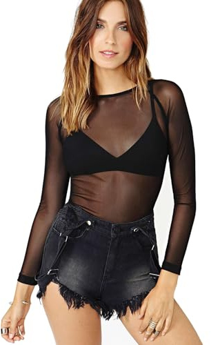 Pddenality Mesh Tops for Women Long Sleeve Sheer Top, Black Mesh Top Women Slim Fit Crew Neck Mesh, Sheer Long Sleeve Stretchy T-Shirt for Party Casual Clubwear (M)