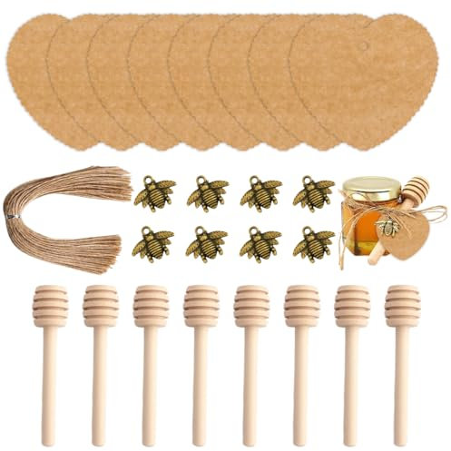 RAXLUPO 8 Stück Mini Honig Stäbchen aus Holz Honigstäbchen Honiglöffel Holz con 8 Stück Bronze Biene 8Stück Kraftpapier Etiketten, 8 Stück 26cm Bastelschnur für Honig Marmelade ​und Honigtopf Gesche