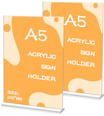 Set di 2 Supporti da Tavolo A5 in Acrilico – Supporto a T Doppio Lato Verticale – Ideali per Ristoranti, Caffetterie, Uffici, Opuscoli e Menu, Espositore da Tavolo (21 x 14,8 cm)