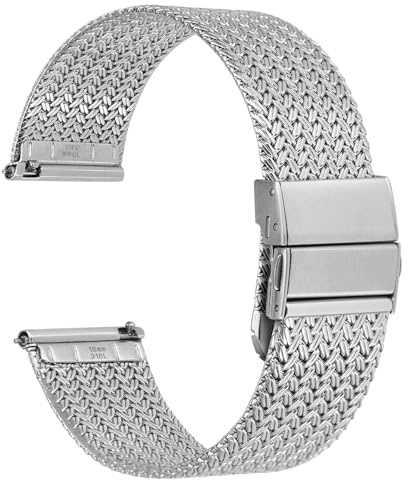 WOCCI 18mm Elite Uhrenarmband aus Metall für Damen und Herren, Gewebtes Mesh Armband, 316L Edelstahl, Schnellverschluss, Verbesserte Faltschließe (Silber)