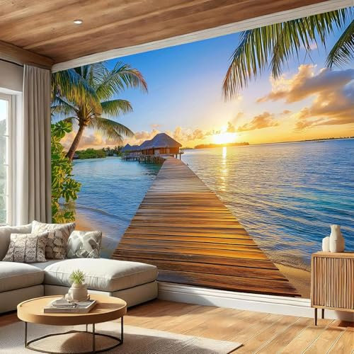 Papier Peint Panoramique 308x220cm (L×H), Jetée Cabine Papier Peint Tissu De Soie, 3D Effet Décoration Murale Poster, Coucher De Soleil Vue Sur L'Océan Tableaux Muraux Photo Trompe L'Oeil Ornament