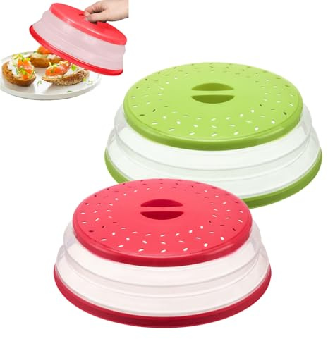 2 PCS Microwave Cover for Food, 10.5 Inch Collapsible Silicone Microwave Splatter Guard, Multi-Functional Vented Microwave Lid Cover & Basket Strainer for Fruit Vegetables, BPA-Free (Red+Green)