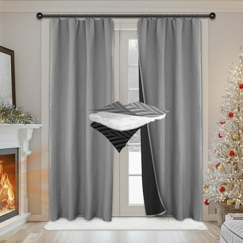 PLODAXE Thermovorhang Kälteschutz Kräuselband 2er Set, Verdickung Wärmeschutzvorhang, Verdunklungsvorhänge Wärmeisolierend Gegen Kälte für Schlafzimmer Wohnzimmer(H245xB140cm,Grau 2-teilig)