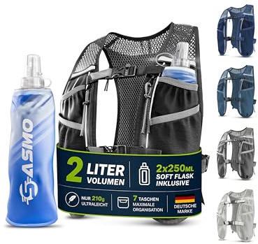 SASMO Laufweste Damen & Herren mit Trinkflasche, 270g Ultraleicht | Trinkweste Laufen, Laufrucksack, Trinkrucksack, 8 Taschen, 2L Trinkblase kompatibel, Atmungsaktiv, Joggen Wandern Trail