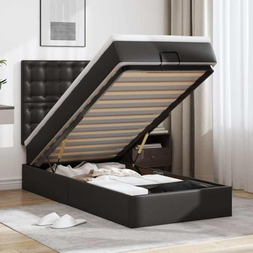 Qnhdfrt Ottomanenbett mit Matratze 100x200 cm Kunstleder Schwarz Bettgestell mit Hydraulik-Mechanismus und Taschenfederkernmatratze für erholsamen Schlaf und optimalen Stauraum