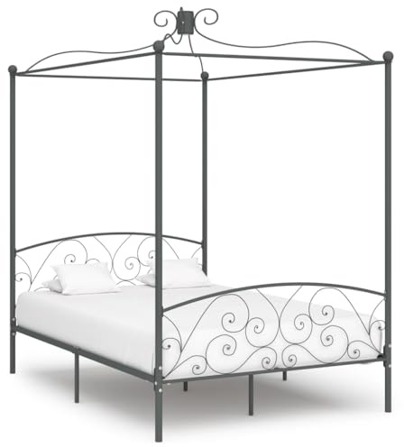Qnhdfrt Himmelbett Gestell Grau Metall 140 x 200 cm mit Oberrahmen für Vorhänge oder Moskitonetz Elegantes Design und Robuste Konstruktion aus Metall für Schlafzimmer