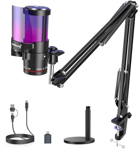 ZealSound Gaming Microphone for PC/Mac/iPhone/Phone – 192kHz/24-bit Podcast Mic with Noise Reduction, Tap-to-Mute, Gain, Monitoring, Boom Arm, Pop Filter, RGB Lighting for Streaming, Gaming, Recording