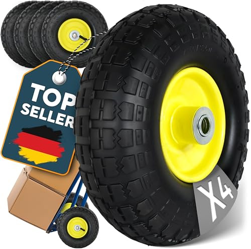 FROSAL Ersatzrad 4.10/3.50-4 (260×85) – 4 Stück – Luftreifen mit Kugellager – Nabenlänge 50 mm – Achse Ø 16 mm – gelbe Stahlfelge – mit praktischem Autoventil – für Bollerwagen & Sackkarren