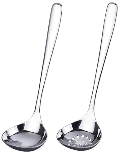 Suppenkelle Edelstahl, 2-teiliges Set mit Schöpfkelle und Siebkelle, 20 cm Länge, ideal zum Servieren von Suppen und Filtern von Flüssigkeiten, spülmaschinengeeignet ﻿