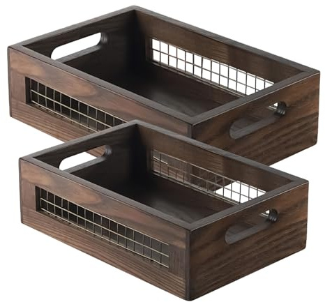 Cesta de frutas de madera, de madera de 2 piezas, pequeña de 27,5 x 18,5 x 8 cm y 30,5 x 21,5 x 10 cm, cestas de madera rústica para pan, frutas, verduras, cocina