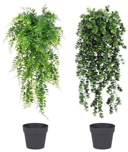 HSHTAM 2 PCS Artificial Hanging Plants 75 cm, Hanging Plant with Pots for Indoor Outdoor Home Decor Wall Patio Shelf and Office Decoration Green Artificial Decoration Wall Plants
