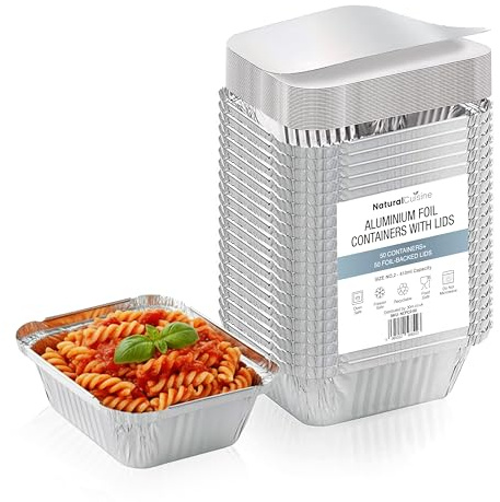 Natural Cuisine Pack of 50 Aluminium Foil Containers No.2 with Foil-Backed Lids – 410ml Capacity – Disposable/Reusable Food Trays – Oven & Freezer Safe – Ideal for Meal Prep & Takeaway