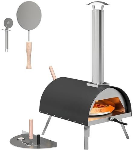 Outsunny 12 Outdoor Pizza Oven for Tabletop, Portable Pellet Wood Fired Pizza Maker with Rotating Stone, Thermometer, Removable Chimney, Peel, Foldable Legs, Stainless Steel Grill for Outdoor Parties