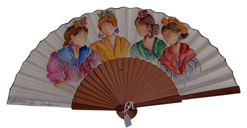 Arroyos de Seda Abanico Flamencas artesanal español, pintado a mano, con varillas de madera de peral pulido y tela de algodón de primera calidad. Tamaño abierto 23x41 cm.