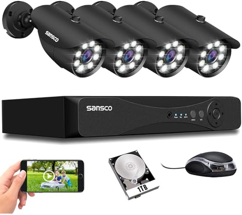 SANSCO 3K Color Night Vision CCTV System, 8CH DVR with 1TB HDD 24/7 Recording, 4 x 5MP Bullet Cameras, AI Human/Face/Vehicle Detection & P2P Remote Access