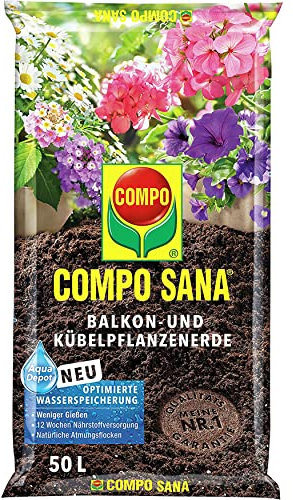 COMPO SANA® Balkon- und Kübelpflanzenerde mit optimierter Wasserspeicherung und 12 Wochen Dünger für alle Balkon- und Terrassenpflanzen 50L