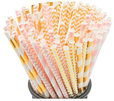 KTOJOY Biodegradable Paper Straws, 100 Pack Pink for Party Supplies, Birthday, Wedding, Bridal/Baby Shower Decorations and Holiday Celebrations