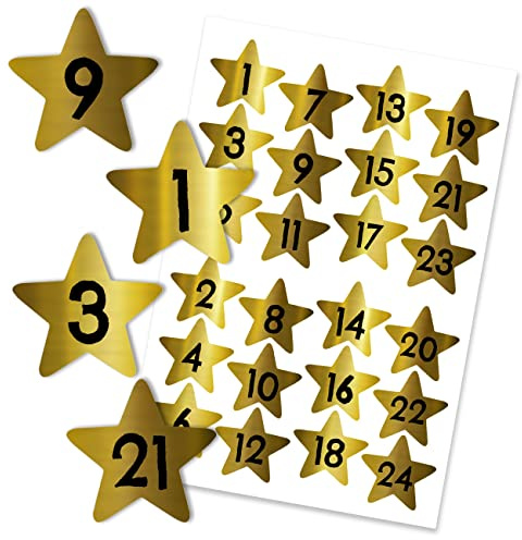 Papierdrachen 24 Adventskalender 2025 Zahlenaufkleber - Sterne auf Goldfolie Nr 54 - Sticker - zum Basteln und Dekorieren…