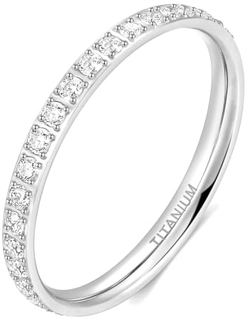 TIGRADE 2mm Women Titanium Eternity Ring Cubic Zirconia Anniversary Wedding Engagement Band Size 3-13.5, Silver, Size 10.5