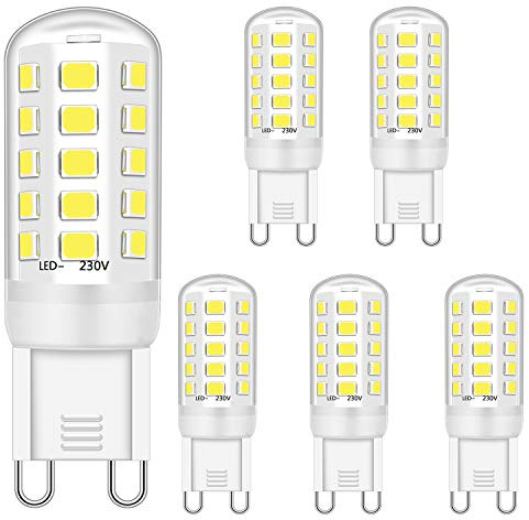 Ugvmn Bombilla LED de cápsula regulable 4W G9 equivalente a bombillas halógenas de 28W 30W 40 W, blanco frío 6000K, casquillo G9, no parpadea, 420Lm, AC 220-240V (paquete de 5)