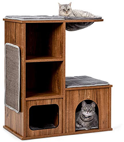 COSTWAY Arbre à Chat Design en Bois 81 cm avec 3 Etagères, Griffoirs et Coussins Lavables Amovible, avec Niche Charge 20KG, Meuble pour Chat Chaton, ‎69 x 39 x 80,5 cm