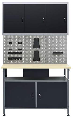 Tidyard Werkbank Werkstatt-Set Werkzeug-Wandschrank 120 x 60 x 85 cm Mit offenem Fach und Schublade,Werkstattschrank Arbeitstisch Mit 1 Werkbank,3 Werkzeugwände,1 Wandschrank,300 kg Tragkraft