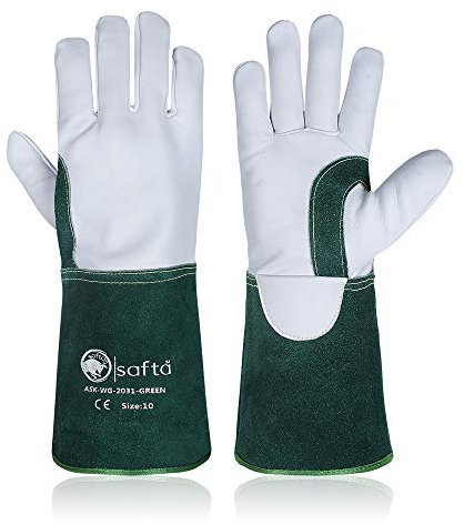 SAFTA Spark and Heat Proof Gloves, Sheep leather Palm & Top with Cow Split Leather Cuff, AZO free Ideal TIG Welding Gloves, Perfect for Gardening, Soldering, Metal Handling. (Size 10, Green)