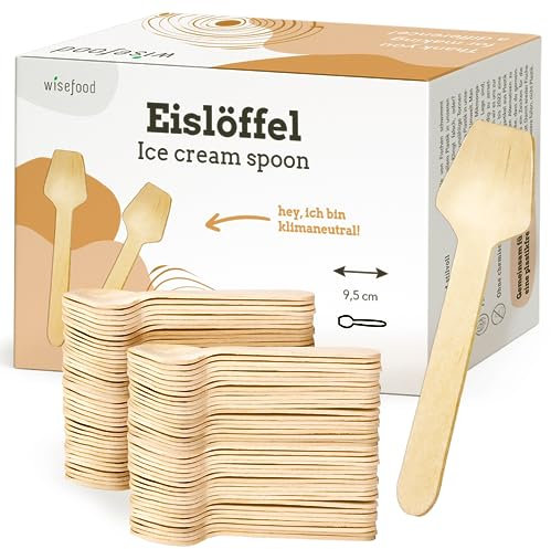 wisefood Eislöffel aus Holz - 100 Stück Einweglöffel 9,5 cm - biologisch abbaubare Dessertlöffel - natürlich, stabil, umweltfreundlich - Minilöffel für Eisbecher (100 Stk.)