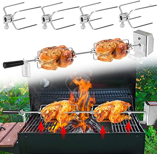 YRHome Spiedino girevole per barbecue, set da 107 cm, con 4 aghi da carne e motore in acciaio inox, 220 V – 240 V, per barbecue, girarrosto a gas