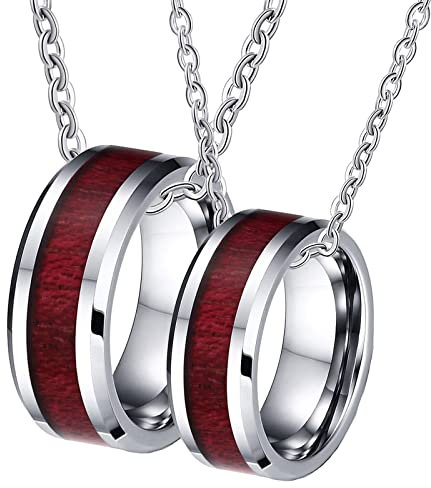 Epinki 2er Paare Halsketten in Wolfram, Band Holz Ringe Anhänger Partner Kette Ihn und Ihn, Silber Braun für Damen & Herren, Breite 8mm - Herrenkette 60cm, Damenkette 50cm