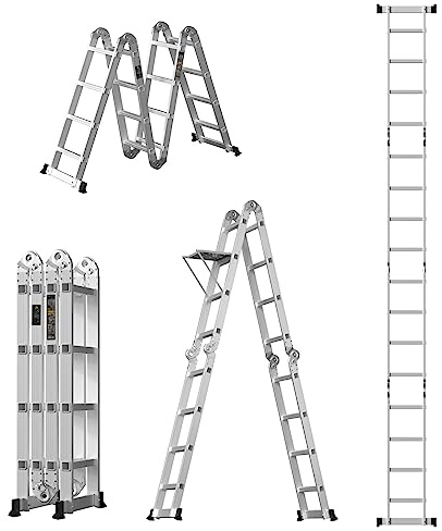 7-in-1 4.7M Folding Step Ladder, Lightweight Multi-Purpose Aluminium Ladder with Safety Locking Hinge, Portable Telescoping Extension Ladder for Household or RV Work, 330lb/150kg Capacity