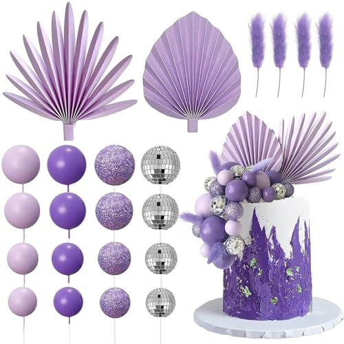 YGCHEN Palla da Discoteca Decorazioni Torta Viola Ball Decorazioni per Torte Foglie di Palma Topper Torta Matrimonio Cake Topper Disco Party Compleanno Decorazioni per Feste 38 Pezzi