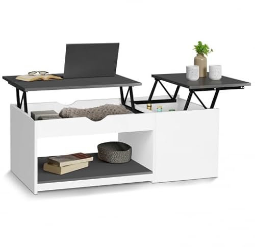 IDMarket – Mesa baja con 2 bandejas elevables EYLA con baúl de madera, blanco y gris